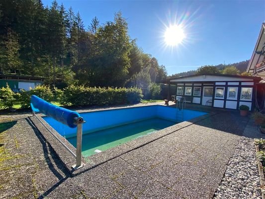 Pool mit großem Gartenhaus