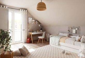 Helles, liebevoll gestaltetes Kinderzimmer mit viel Tageslicht und Platz zum Spielen und Wohlfühlen.