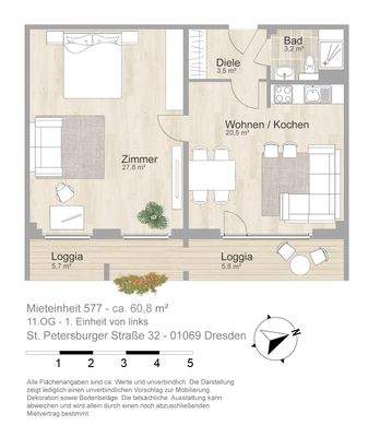 Grundriss farbig / möbliert