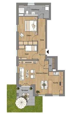 Grundriss einer ca. 74 m² großen 2,5-Zimmer-Wohnung im Erdgeschoss mit Schlafzimmer, Badezimmer, Flur, Kinderzimmer, Abstellraum, offenem Koch-, Ess- und Wohnbereich, Terrasse und Garten. 