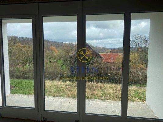 Blick aus panoramafenstern nach hinten auf Balkon und Felder