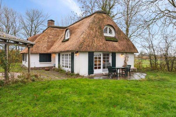 Blick auf das Reetdachhaus vom Garten