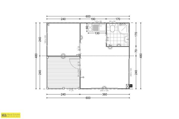 Plan - Moderner Bürocontainer mit Terrasse Badezimmer und Küche Miete Perwang am Grabensee
