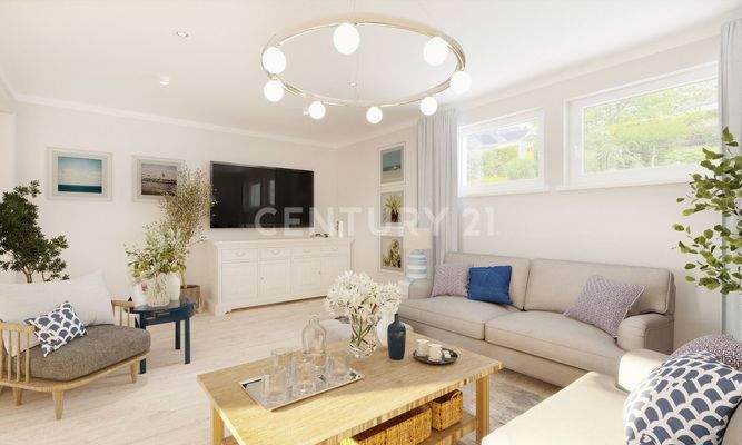 Lichtdurchflutetes Wohnzimmer visualisiert