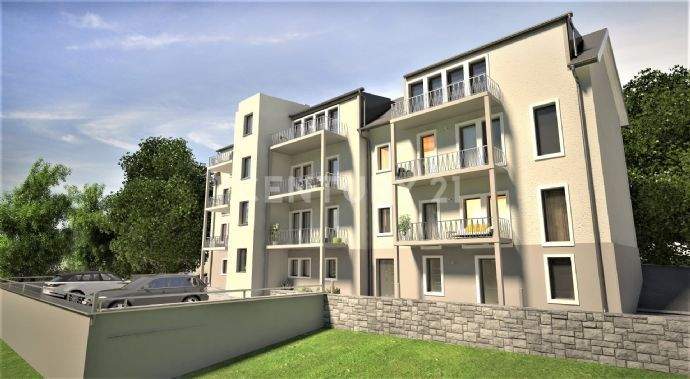 Rückansicht rechts mit Stellplatzbereich und Grünf