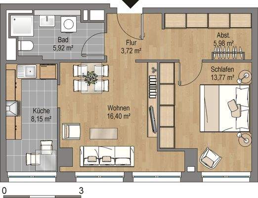 Grundriss mit Wohnzimmer (16,99 m²), Küche (8,73 m²), Bad (5,24 m²), Flur (4,38 m²), Schlafzimmer (14,53 m²) und Abstellraum (5,36 m²)
