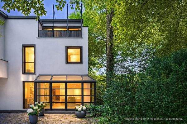 Mögliche Außengestaltung zur blauen Stunde.