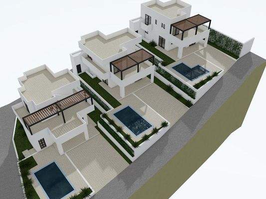 Kreta, Agia Triada: Grundstück mit Baugenehmigung für 3 zweistöckige Häuser mit Swimmingpool zu verkaufen