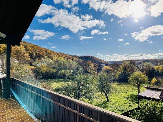 überdachter, umlaufender Balkon in Südlage und Blick ins Grüne