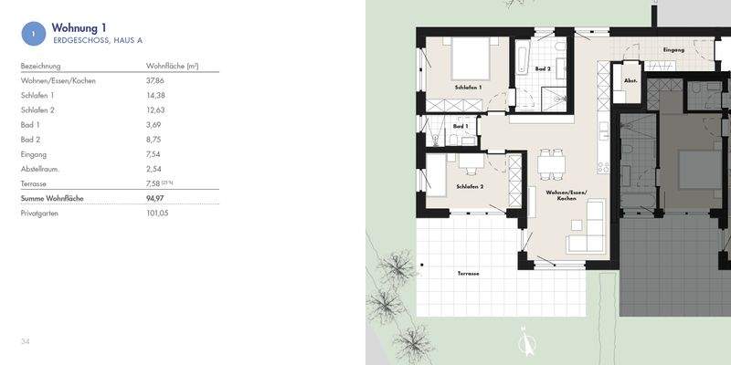 Grundriss und Wohnfläche von Whg 1