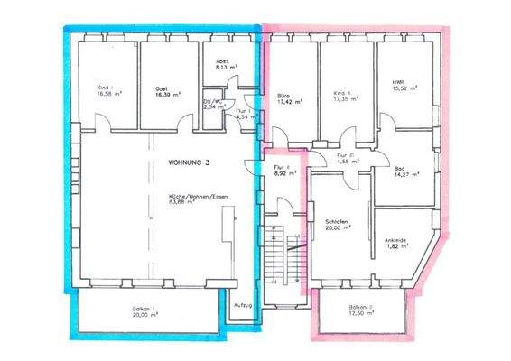 Teilung - blau ca. 130 m², rot ca. 110 m²