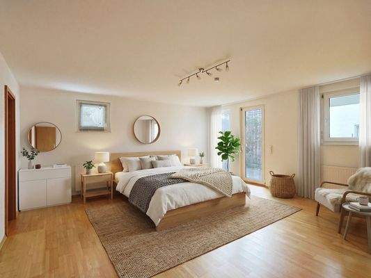 Großer Schlafbereich im Gartengeschoss mit Duschbad en Suite (KI-generiertes Einrichtungsbeispiel)