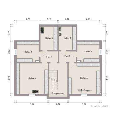 Grundriss Kellergeschoss (nicht maßstabsgerecht, Möblierungsbeispiel)