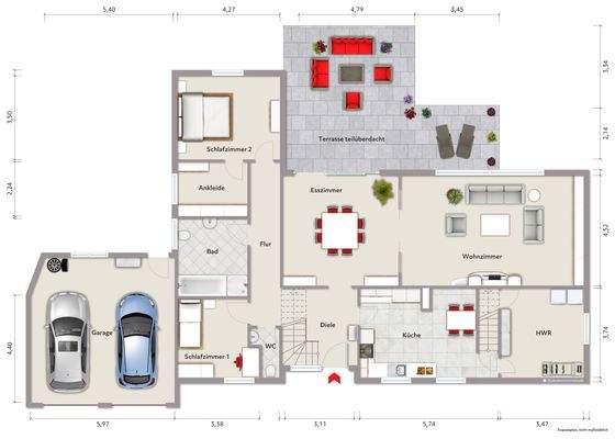 Grundriss Erdgeschoss (nicht maßstabsgerecht, Möblierungsbeispiel)