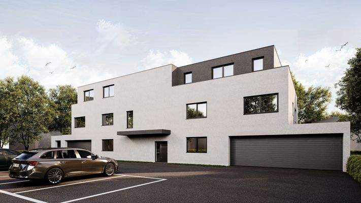 Hauseingang mit Garagen