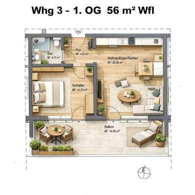 ...z.B. 1 Zi.  Whg mit Balkon  56 m²...