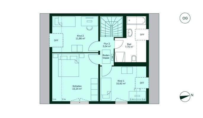 Grundriss vom Obergeschoss im Doppelhaus WE019