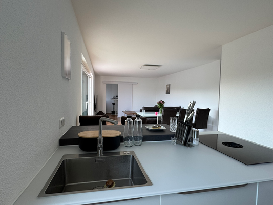 Küche - Sicht in das Wohn- und Esszimmer, abgetrenntes Büro