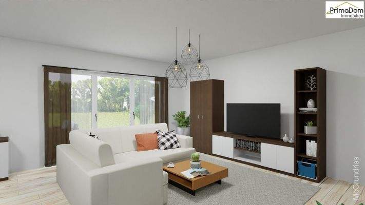 Wohnzimmer mit Zugang zur Terrasse und Garten