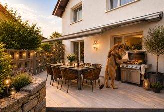 KI Visualisierung - gemütliche Terrasse mit Löwe