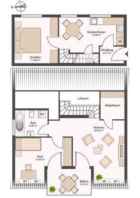 Grundriss einer 3-Zimmer-Maisonette-Wohnung mit ca. 69 m². In der unteren Etage befindet sich der Wohnungseingang, ein offener Koch- und Essbereich und ein Schlafzimmer. In der oberen Etage befindet sich ein Abstellraum, ein offener Wohnbereich mit Zugang