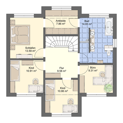 OG mit Büro, Ankleide, SZ, Bad und 2 Kizis