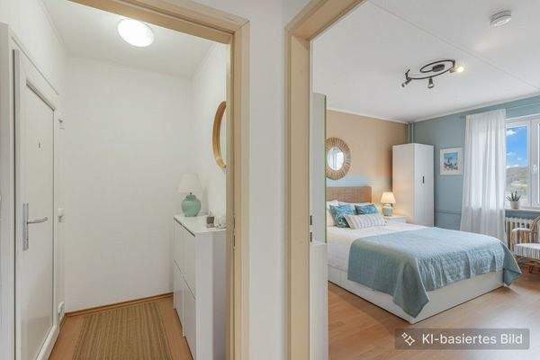 Blick in Entrée und Schlafzimmer - Möblierungsidee (KI)