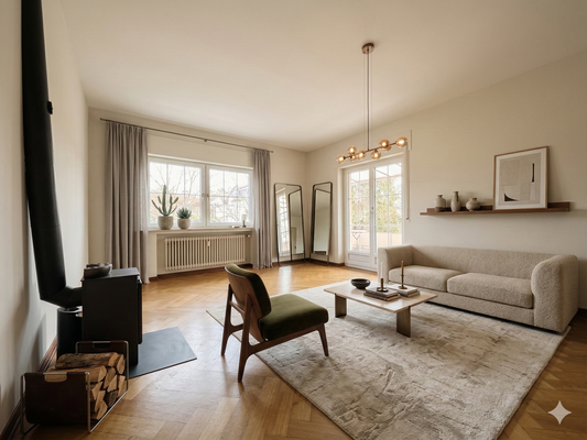 OG Wohnzimmer mit Kamin und Zugang auf den überdachten Balkon - KI-Visualisierung