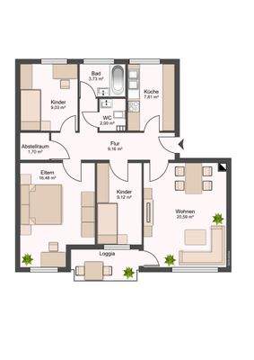 Grundriss mit Flur (9,16 m²), Tageslichtbad (3,73 m²), WC (2,00 m²), Küche (7,81 m²), Wohnzimmer (20,59 m²), Schlafzimmer (16,48 m²), Zimmer (9,12 m²), Zimmer (9,03 m²), Abstellraum (1,70 m²) und Balkon