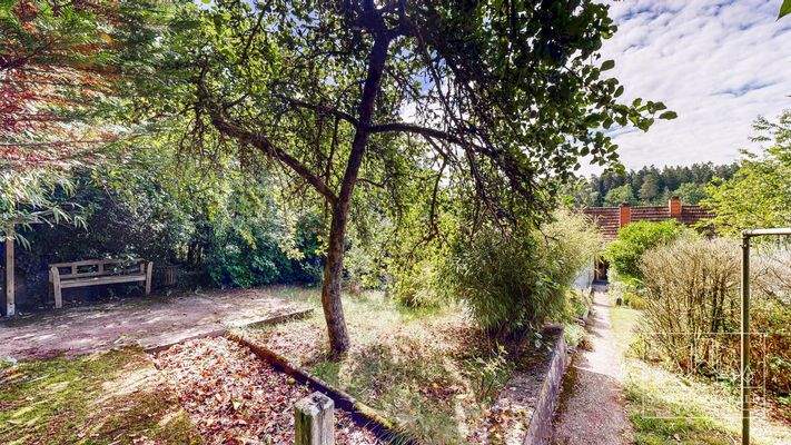 Garten mit Obstbaum und Sitzmöglichkeit