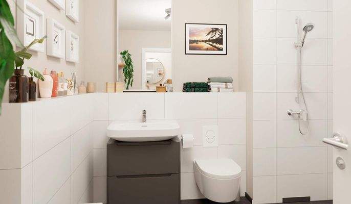 Ein Badezimmer mit bodengleicher Dusche