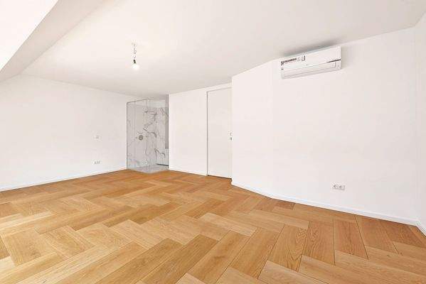 Schlafzimmer mit Walk-in-Dusche