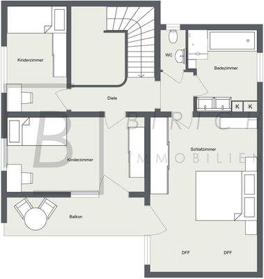 2D - OG. Bitte beachten Sie, dass der dargestellte Grundriss nicht maßstabsgetreu ist und lediglich der Orientierung dient.