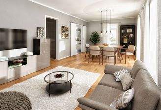 Heller, offener Wohnbereich mit viel Tageslicht – einladend gestaltet für gemeinsames Leben und Entspannen.