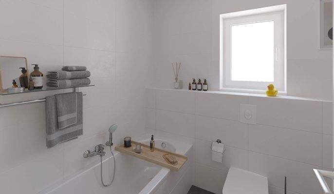 Modern gefliestes Familienbad mit Badewanne