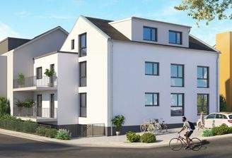 Firefly_Gemini Flash_Neubau, Satteldach, Balkone an den Hausecken, modern, weiße Fassade, graues Dach, kei 286779