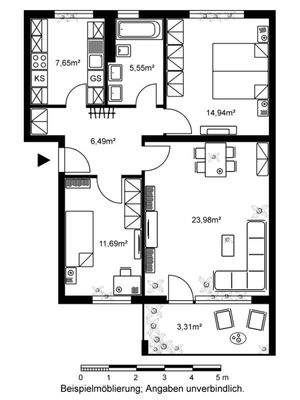 Grundriss mit Wohnzimmer (ca. 24m²), Schlafzimmer (ca. 15m²), Kinder-/Arbeitszimmer ca. 11,7m², Bad (ca. 5,52m²), Küche (ca. 7,6m²), Flur (ca. 6,5m²), und Balkon (ca. 3,3m²)