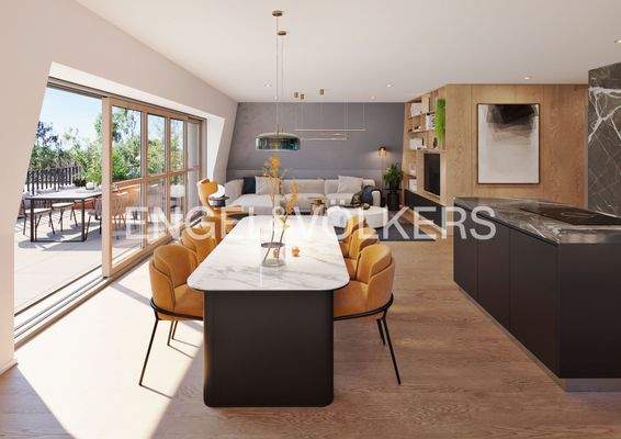 Offen gestalteter Wohnbereich mit Zugang zur Terrasse