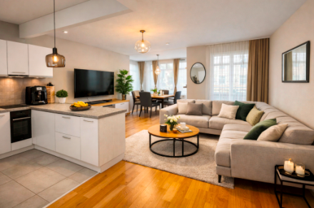 Visualisierung: Einrichtungsbeispiel Wohnzimmer mit offener Küche