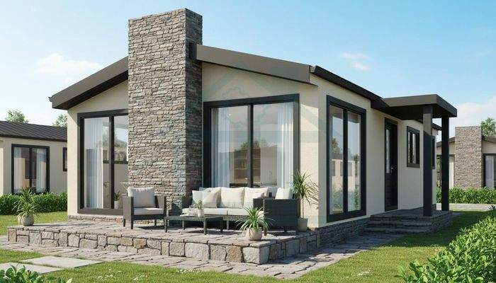 Villa Silver mit rustikalen Kaminzug und Steinterrasse