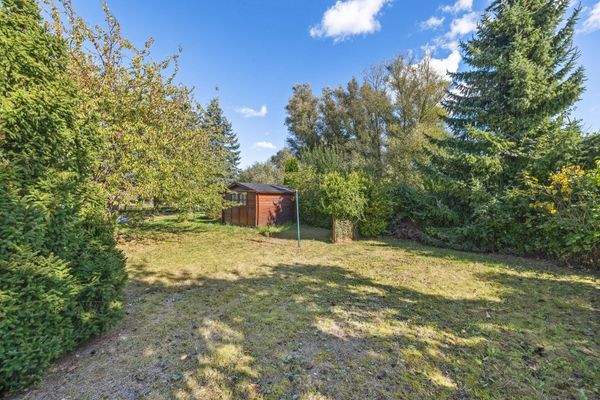 Blick in den hinteren Bereich des Gartens mit Schuppen