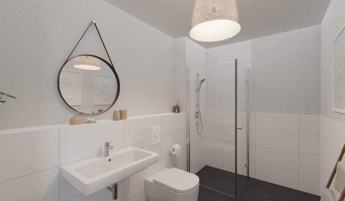 Modern gefliestes Badezimmer mit bodengleicher Dus