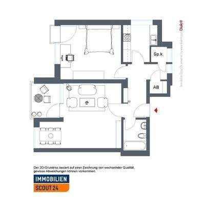 Grundriss - Gut geschnittene 2-ZKB-Wohnung, alle Zimmer + Abstell- und Speisekammer vom Flur abgehend, innenliegendes Bad, Balkonzugang vom Wohnzimmer