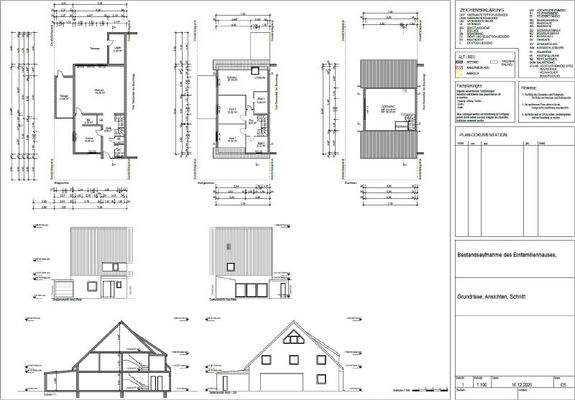Bemaßte Grundrisse, Ansichten und Schnittzeichnung