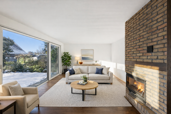 visualisiertes Wohnzimmer mit direktem Gartenzugang