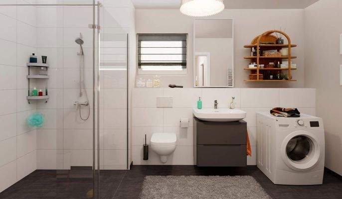 Badezimmer mit bodengleicher Dusche und Duschtrenn