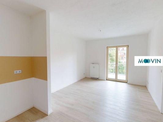 Ansicht I: Wohn- und Esszimmer mit offenem Küchenbereich