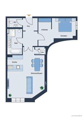 Grundrissskizze der Wohnung - nicht maßstabsgetreu - Möblierung dient lediglich zur Veranschaulichung und ist nicht unbedingt Bestandteil der Wohnung