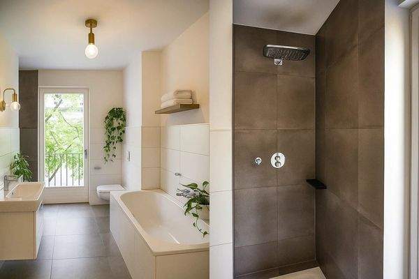 Modernes Bad mit Badewanne und ebenerdiger Dusche 