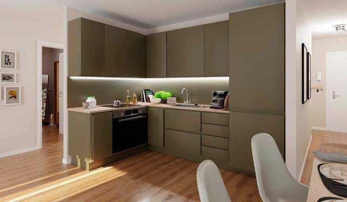 Offene Küche mit integriertem Wohnbereich.